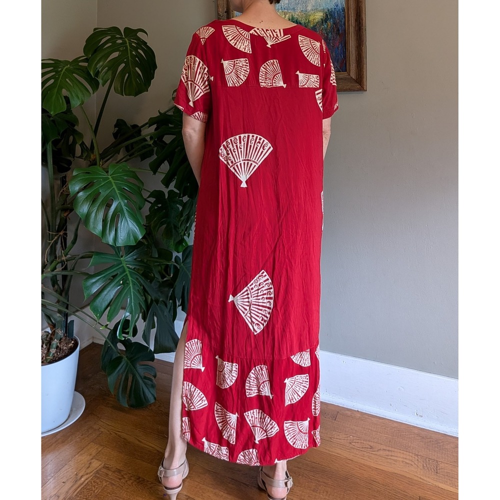 Vintage Sunset Rose Red Fan Print Maxi Dress Med Short Sleeve Shift Slit Modest